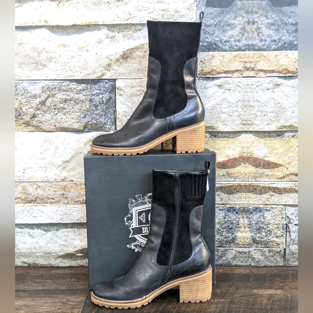⚡SOLD⚡SILENT D x Anthropologie Mid-Calf Brink Boot Black Leather w Wood Lug Sole